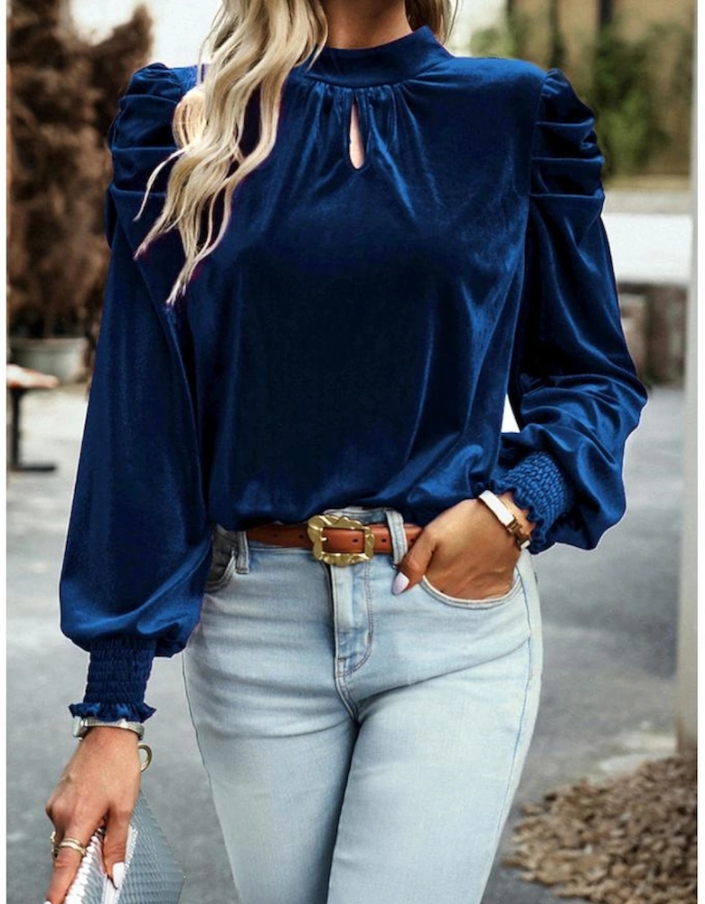 Sky Blue Fiery Mock Neck Puff Sleeve Velvet Blouse