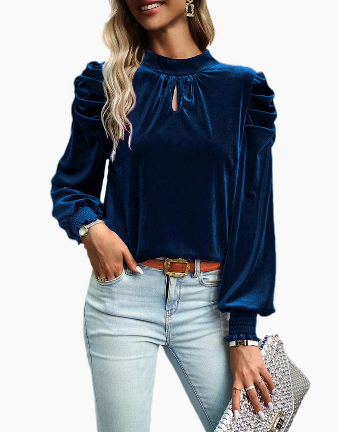 Sky Blue Fiery Mock Neck Puff Sleeve Velvet Blouse