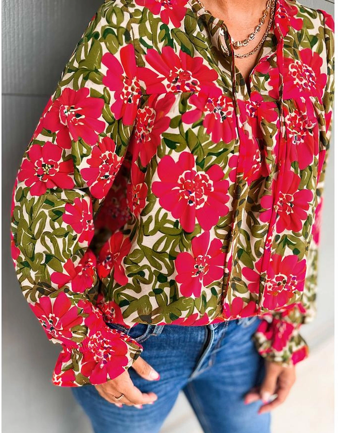 Red Floral Print Lace up V Neck Flounce Sleeve Blouse