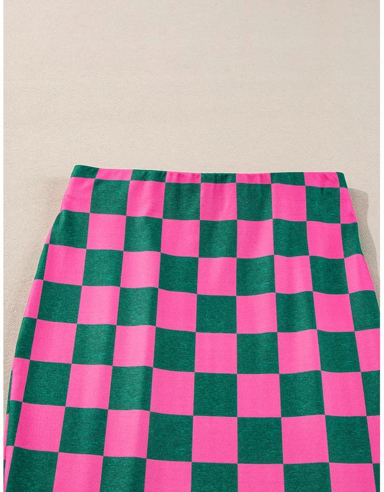 Rose Checkered Print Side Slit High Waist Midi Skirt