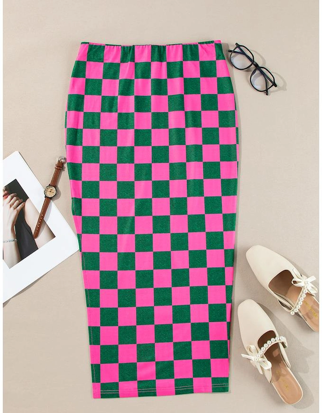 Rose Checkered Print Side Slit High Waist Midi Skirt