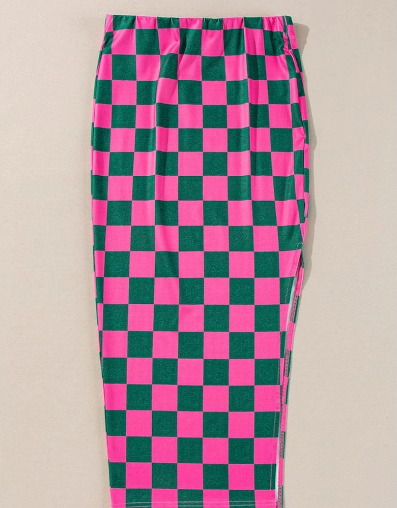 Rose Checkered Print Side Slit High Waist Midi Skirt