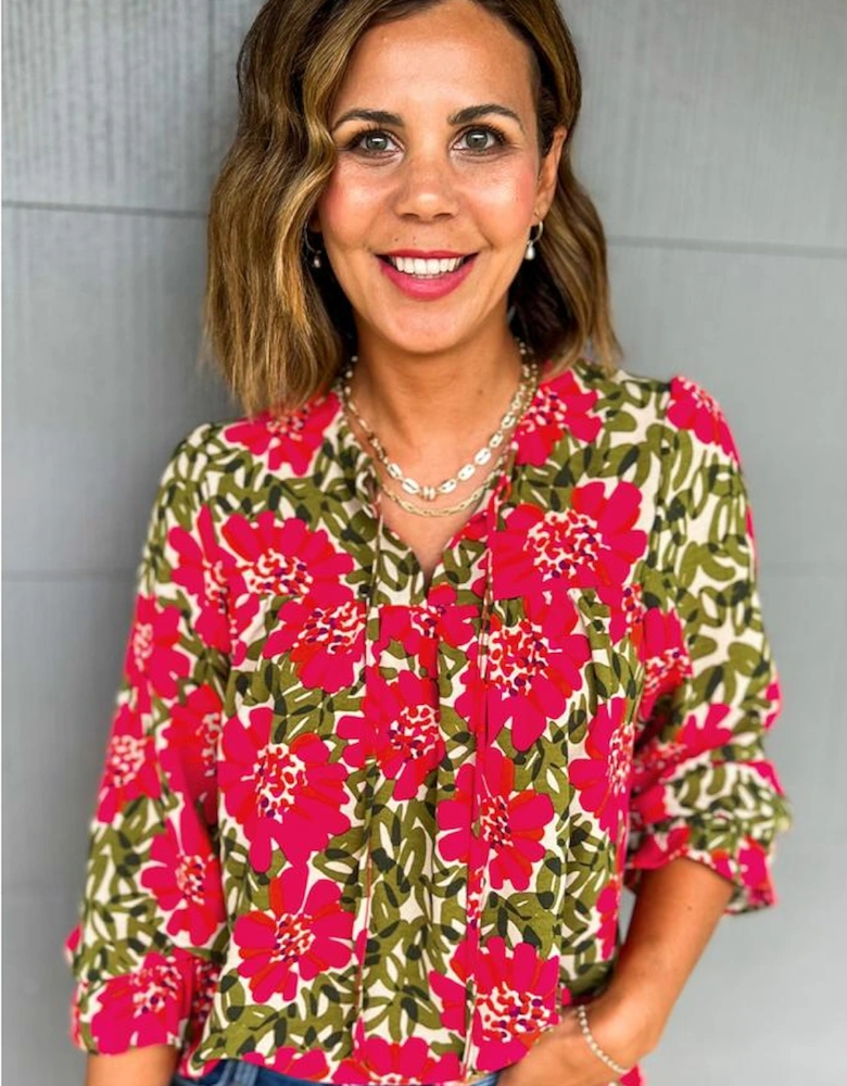 Red Floral Print Lace up V Neck Flounce Sleeve Blouse