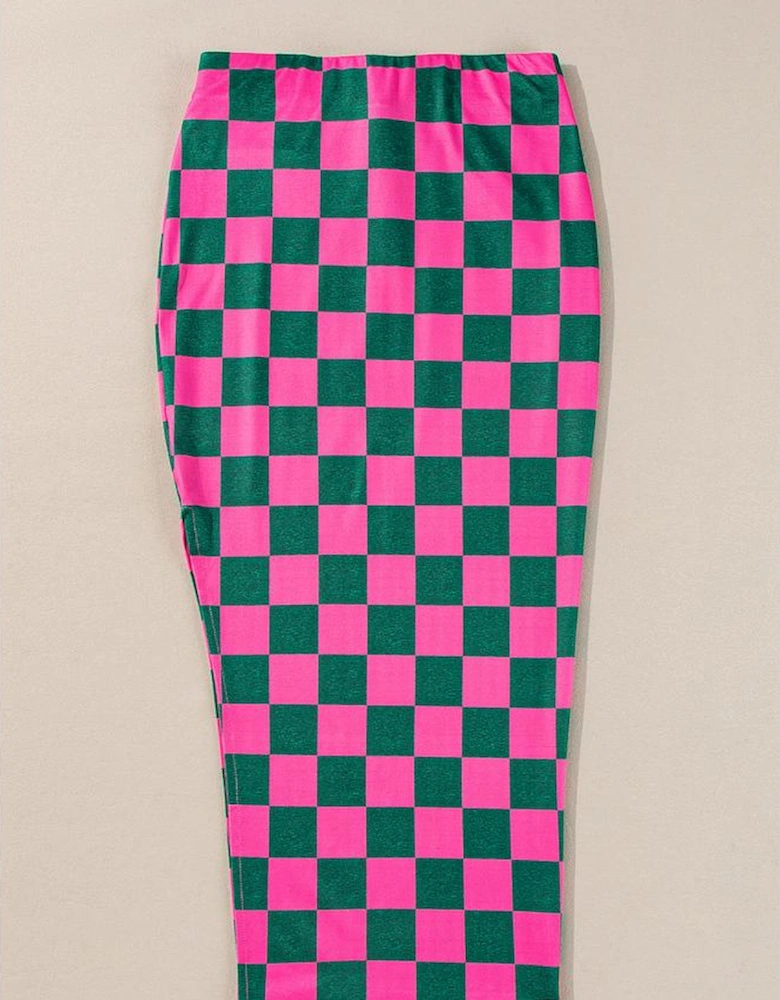 Rose Checkered Print Side Slit High Waist Midi Skirt