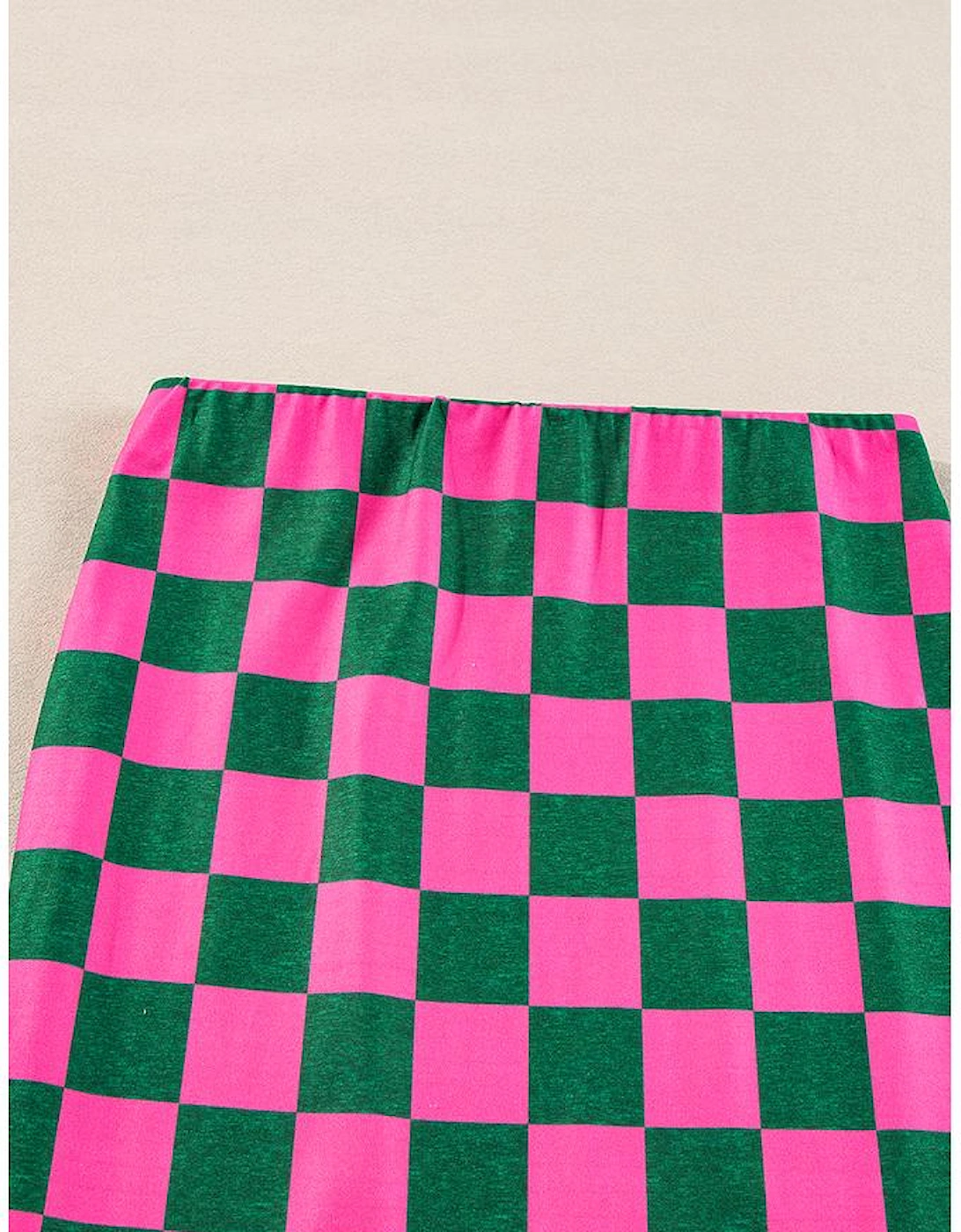 Rose Checkered Print Side Slit High Waist Midi Skirt