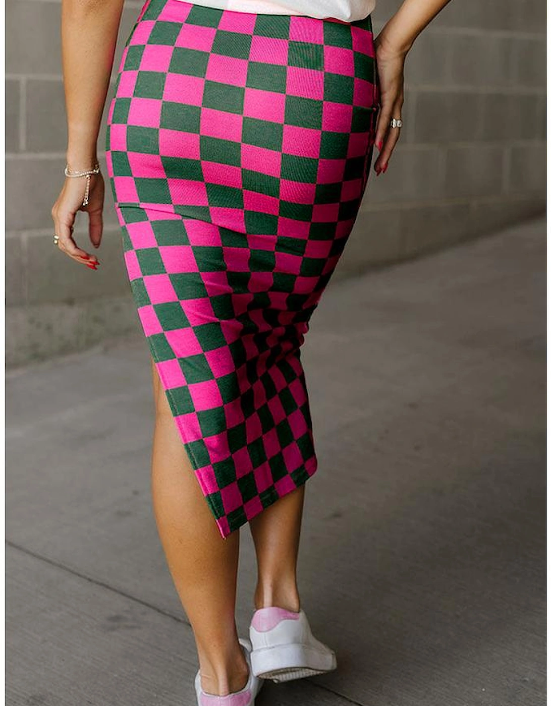 Rose Checkered Print Side Slit High Waist Midi Skirt