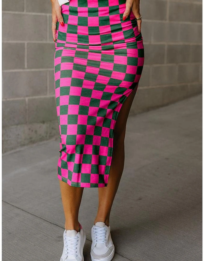 Rose Checkered Print Side Slit High Waist Midi Skirt