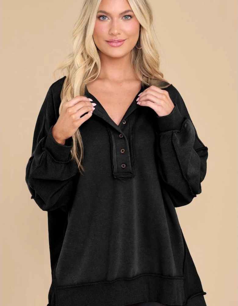 Black Oversized Exposed Seam Henley Sweatshirt