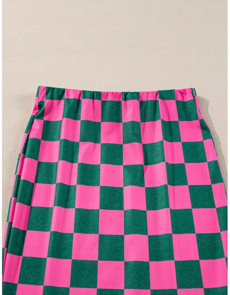Rose Checkered Print Side Slit High Waist Midi Skirt