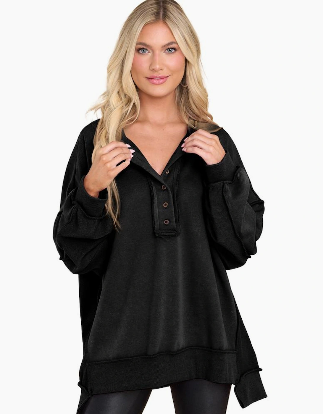 Black Oversized Exposed Seam Henley Sweatshirt