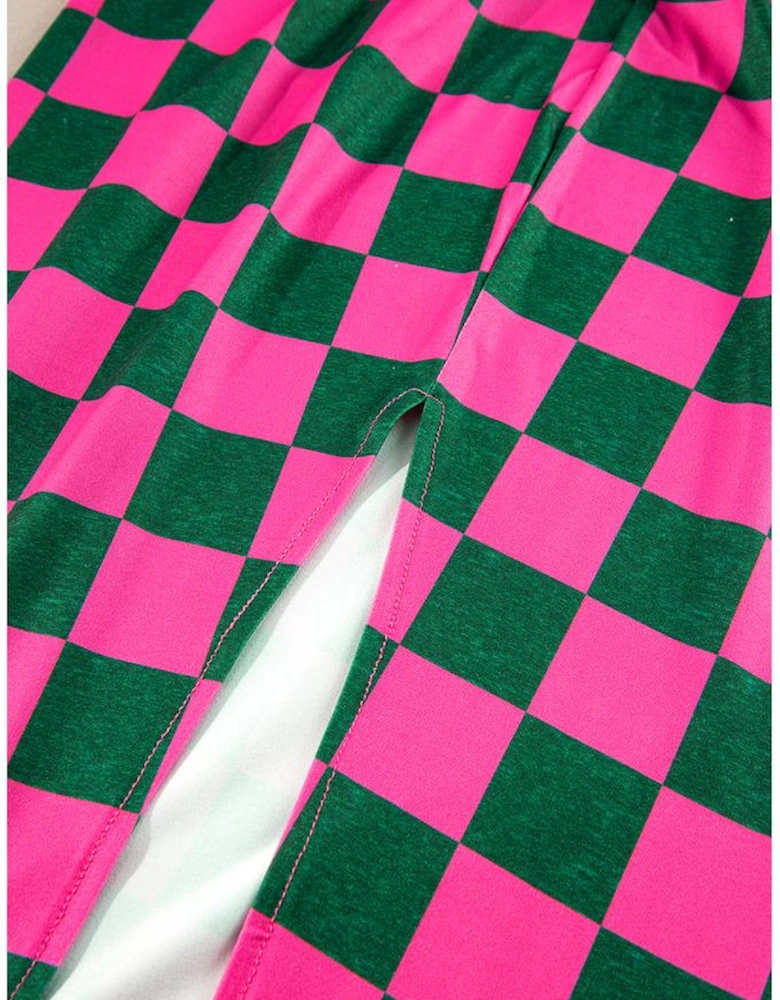 Rose Checkered Print Side Slit High Waist Midi Skirt