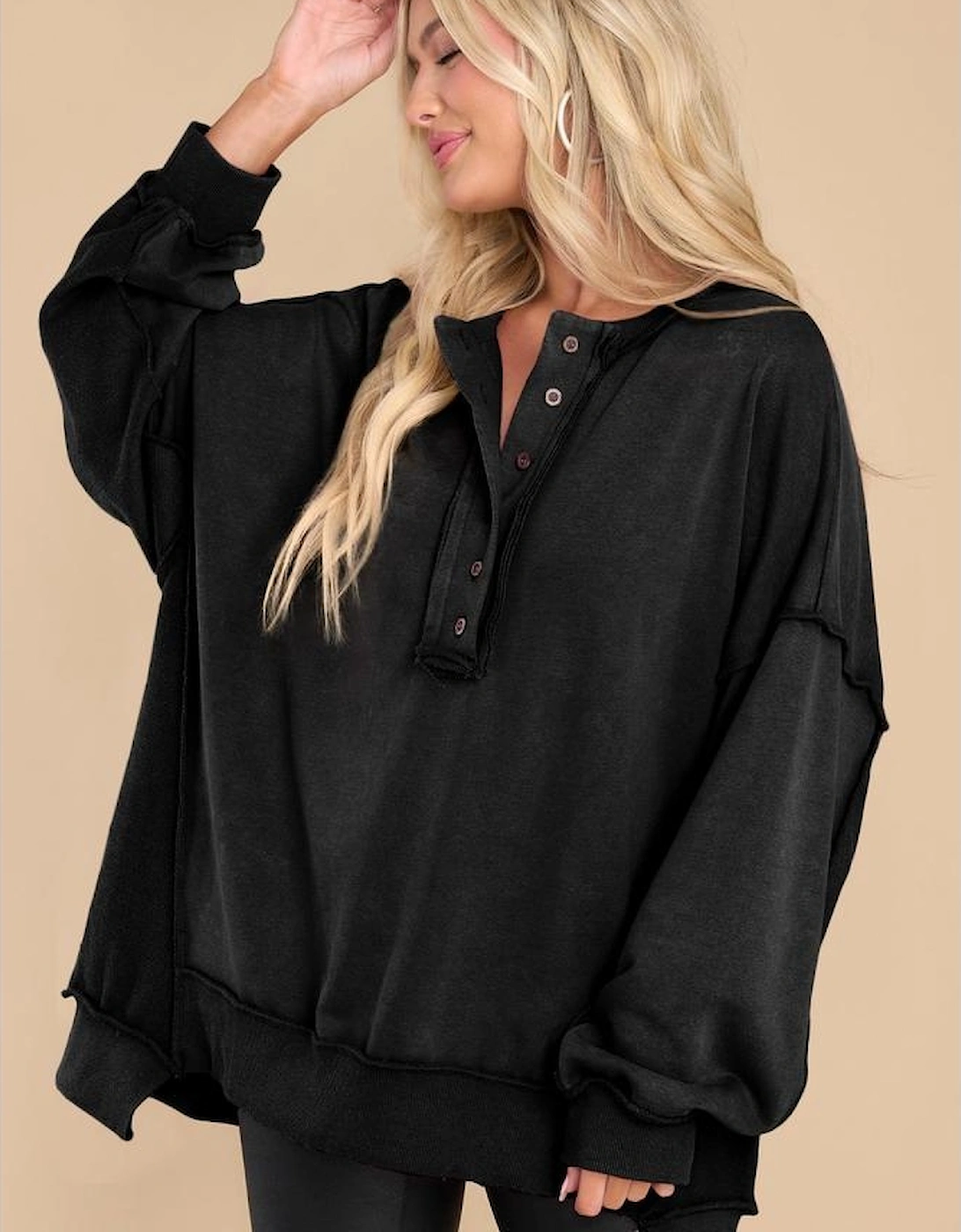 Black Oversized Exposed Seam Henley Sweatshirt