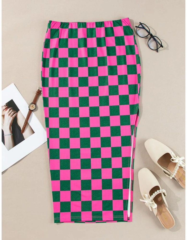 Rose Checkered Print Side Slit High Waist Midi Skirt