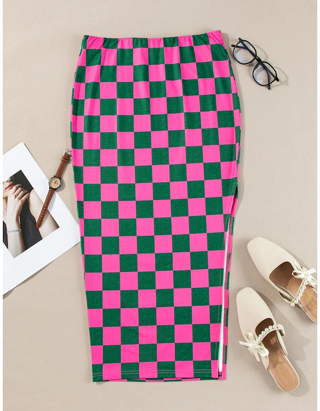 Rose Checkered Print Side Slit High Waist Midi Skirt