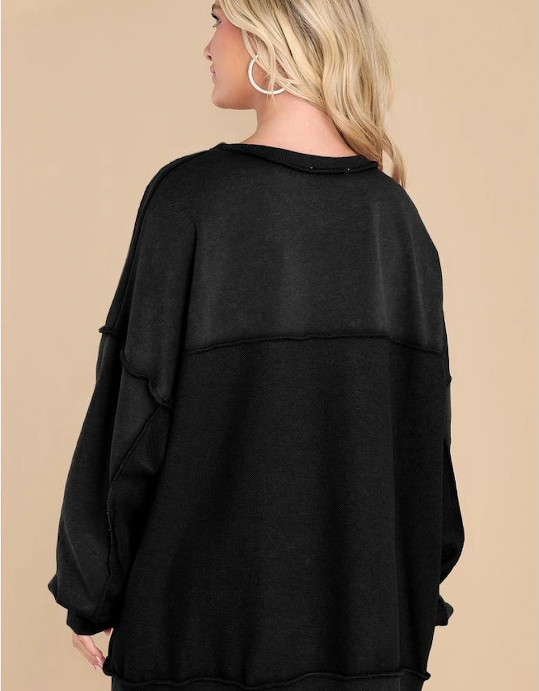 Black Oversized Exposed Seam Henley Sweatshirt