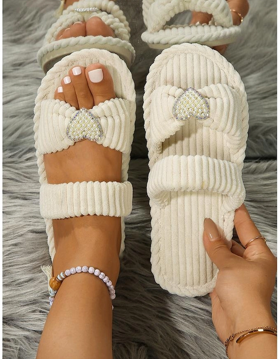 Azura Exchange White Pearled Heart Shape Ribbed Flat Slippers, 8 of 7