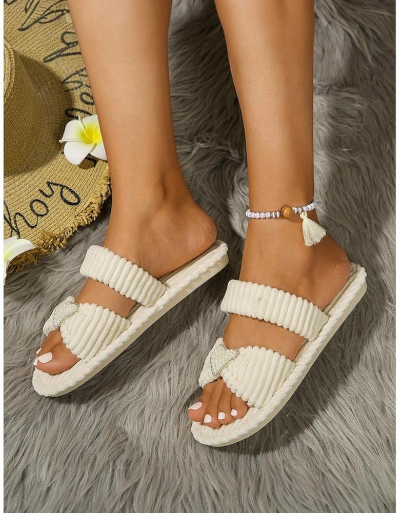 Azura Exchange White Pearled Heart Shape Ribbed Flat Slippers
