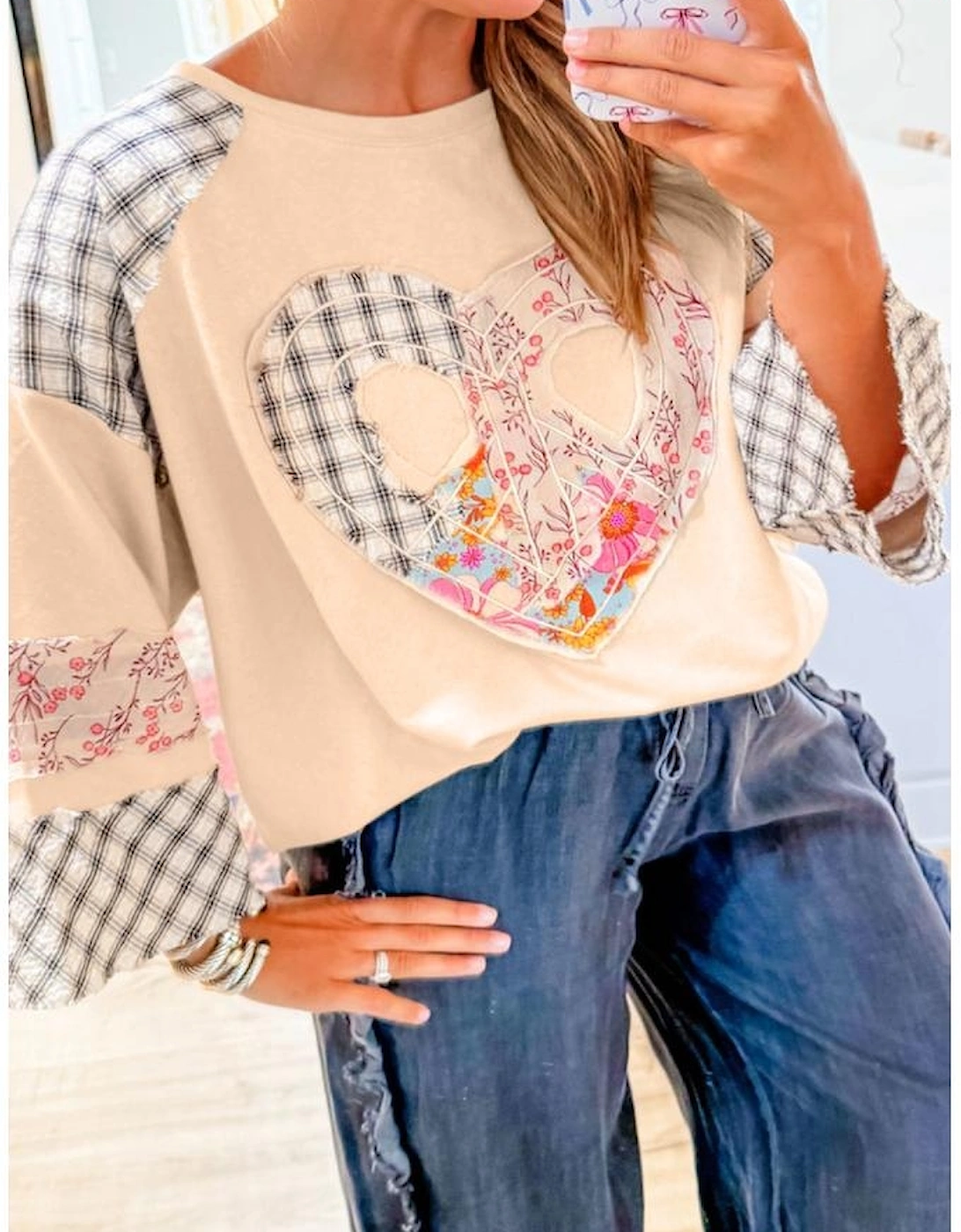 Beige Plaid Floral Peace Heart Graphic Wide Long Sleeve Top