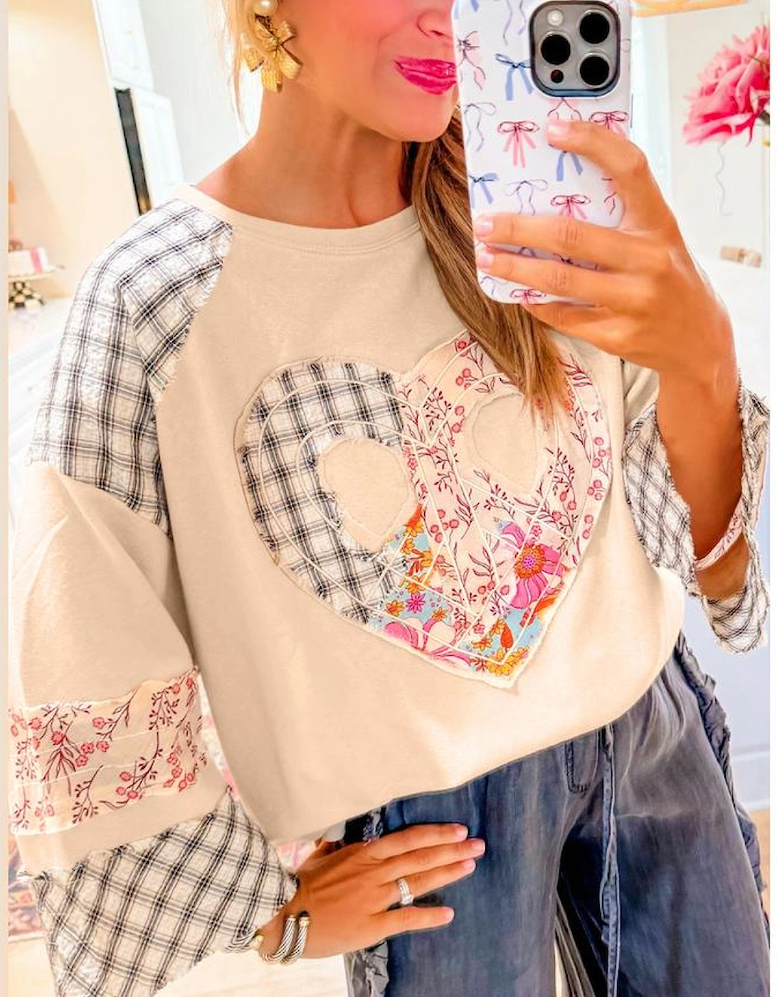 Beige Plaid Floral Peace Heart Graphic Wide Long Sleeve Top, 6 of 5