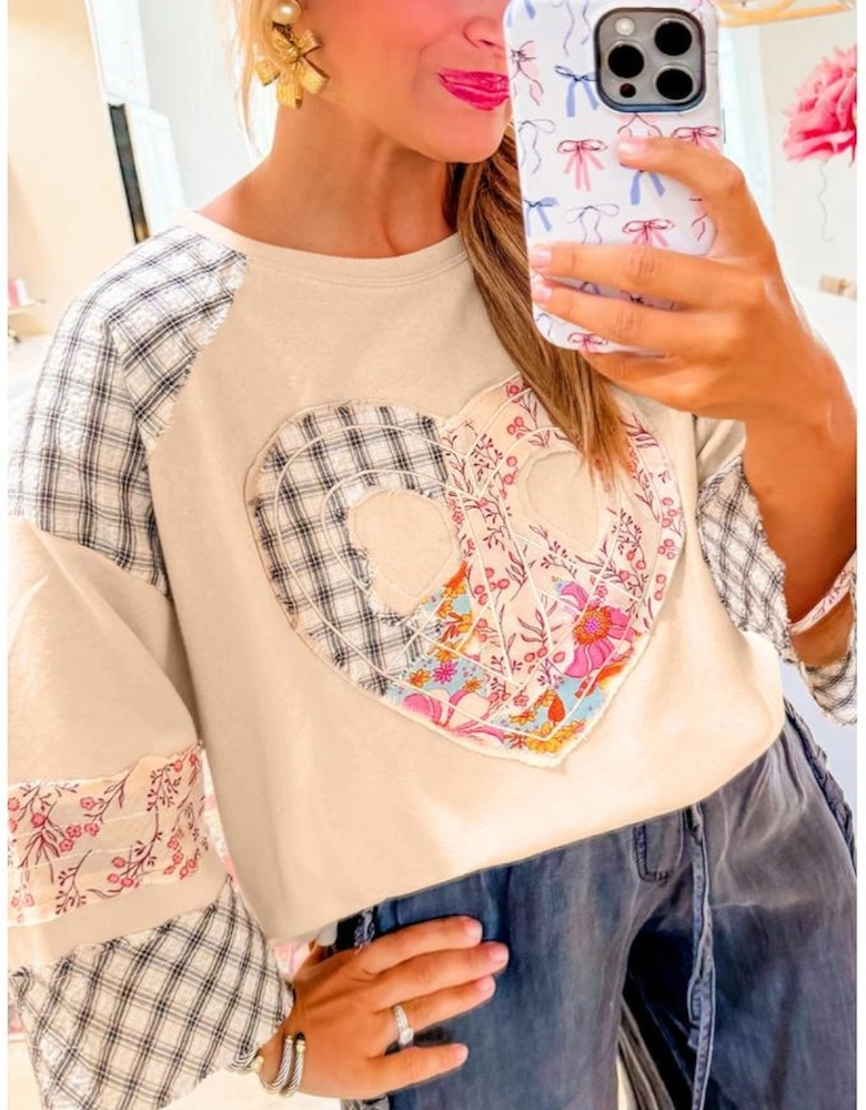 Beige Plaid Floral Peace Heart Graphic Wide Long Sleeve Top