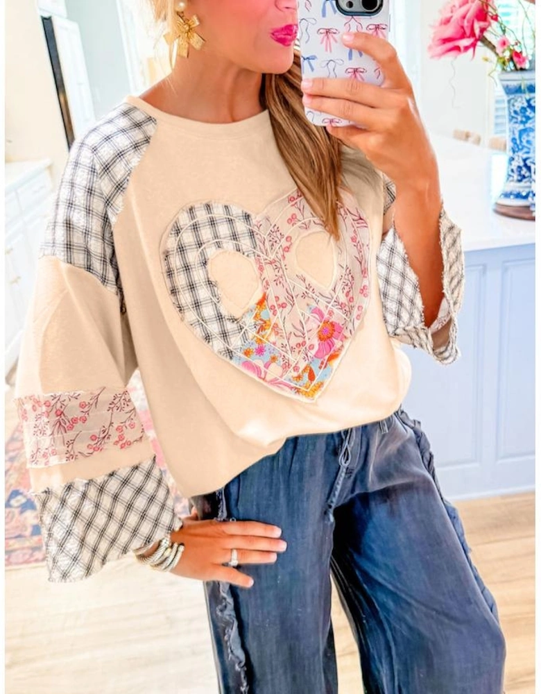 Beige Plaid Floral Peace Heart Graphic Wide Long Sleeve Top