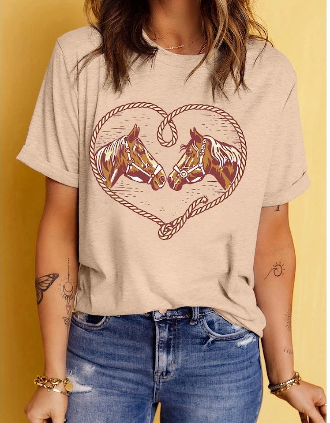 Khaki Rodeo Horse Graphic Western Cowgirl Fashion T Shirt