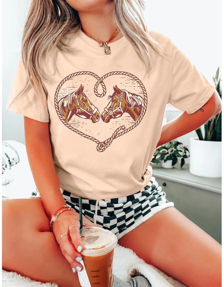Khaki Rodeo Horse Graphic Western Cowgirl Fashion T Shirt