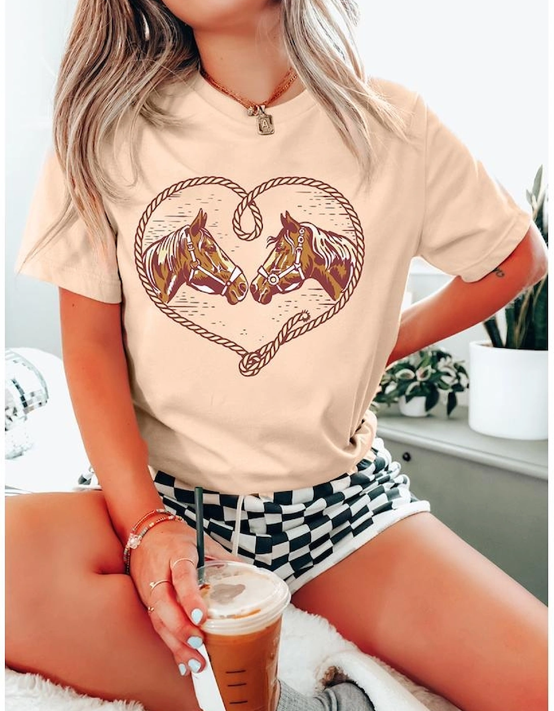 Khaki Rodeo Horse Graphic Western Cowgirl Fashion T Shirt