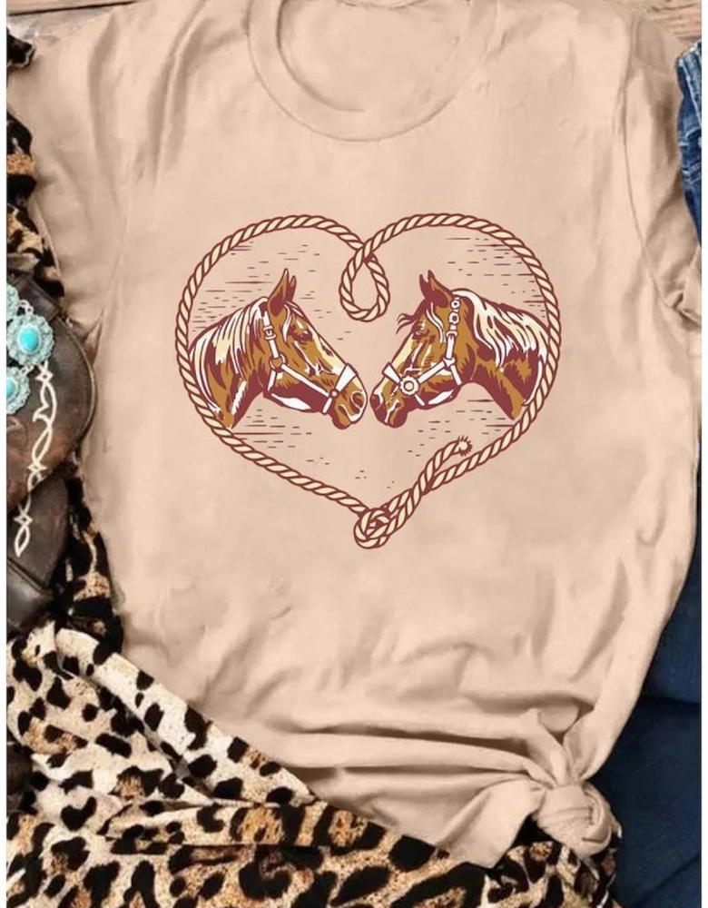 Khaki Rodeo Horse Graphic Western Cowgirl Fashion T Shirt