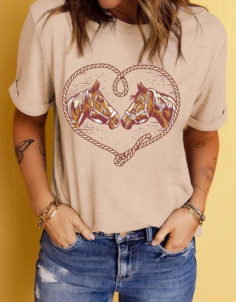 Khaki Rodeo Horse Graphic Western Cowgirl Fashion T Shirt