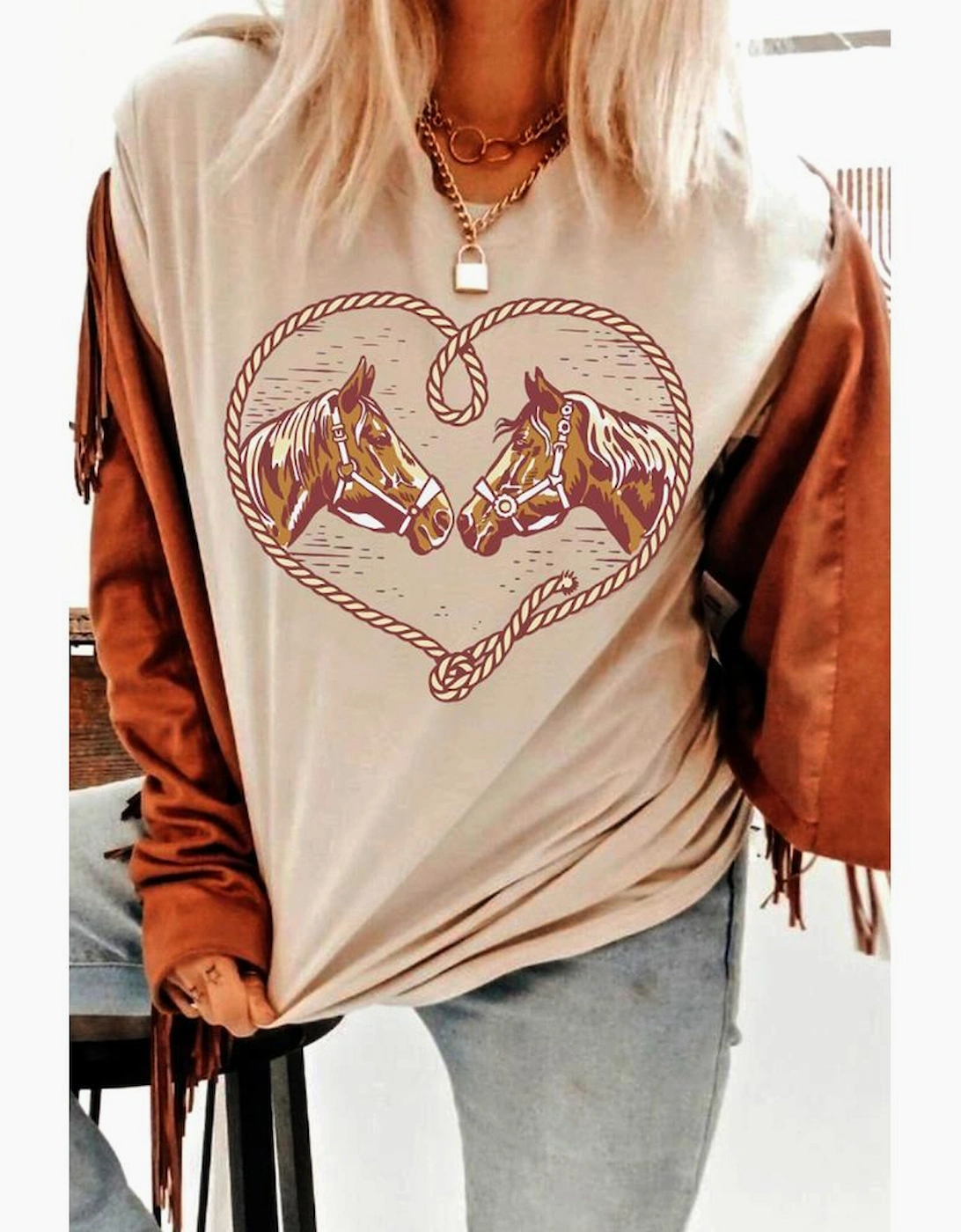 Khaki Rodeo Horse Graphic Western Cowgirl Fashion T Shirt