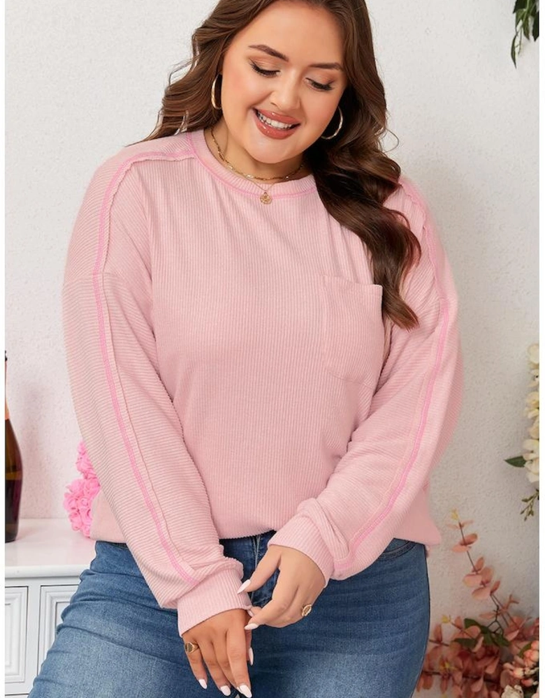 Bonbon Ribbed Exposed Seam Round Neck Chest Pocket Plus Knit Top