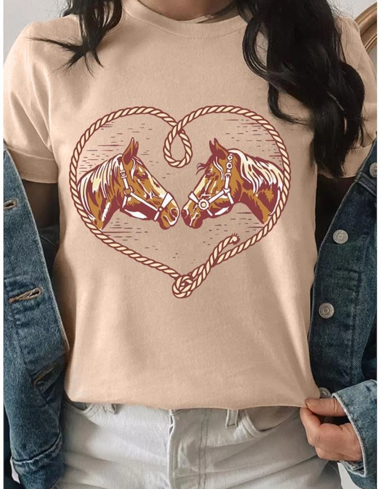 Khaki Rodeo Horse Graphic Western Cowgirl Fashion T Shirt