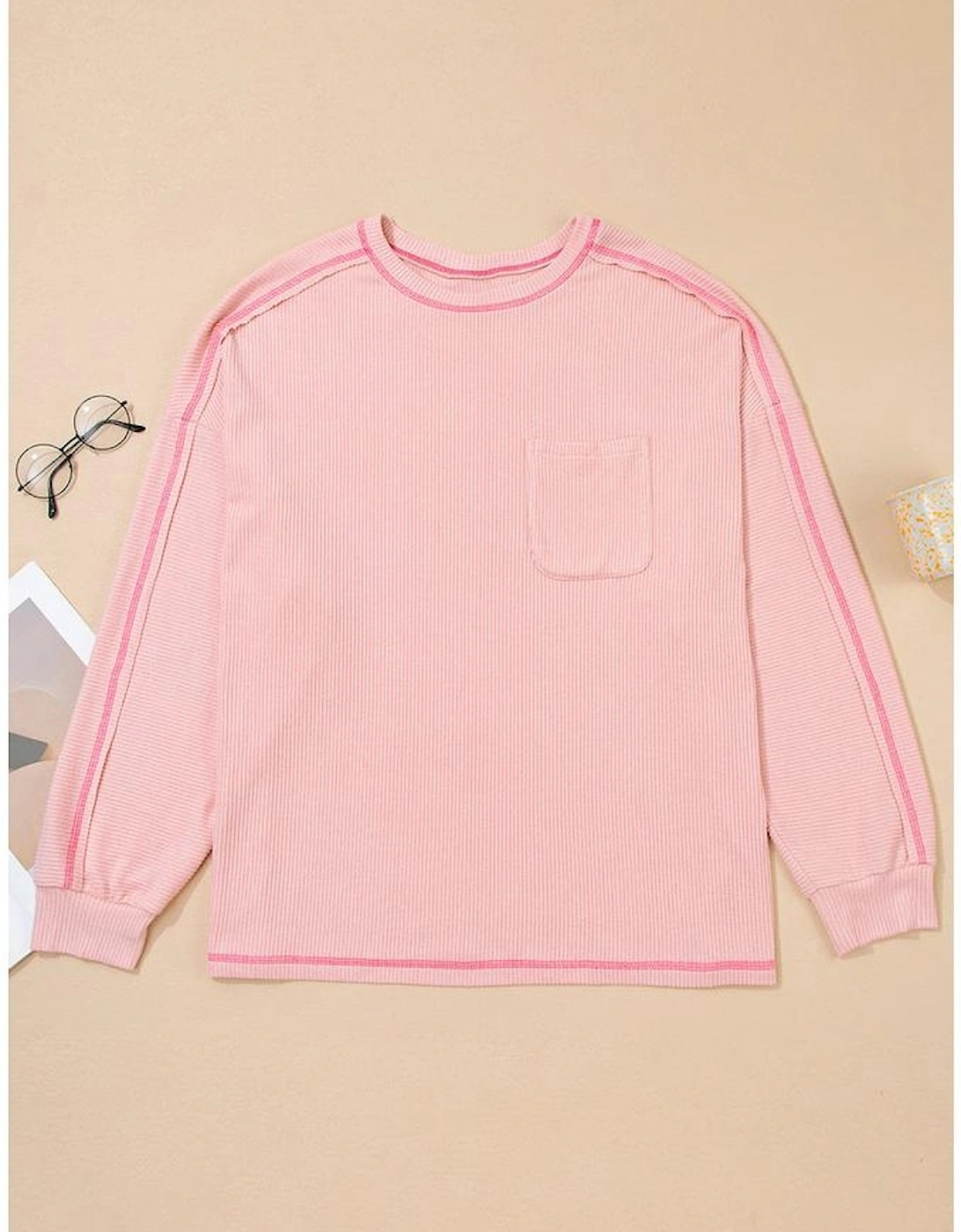 Bonbon Ribbed Exposed Seam Round Neck Chest Pocket Plus Knit Top