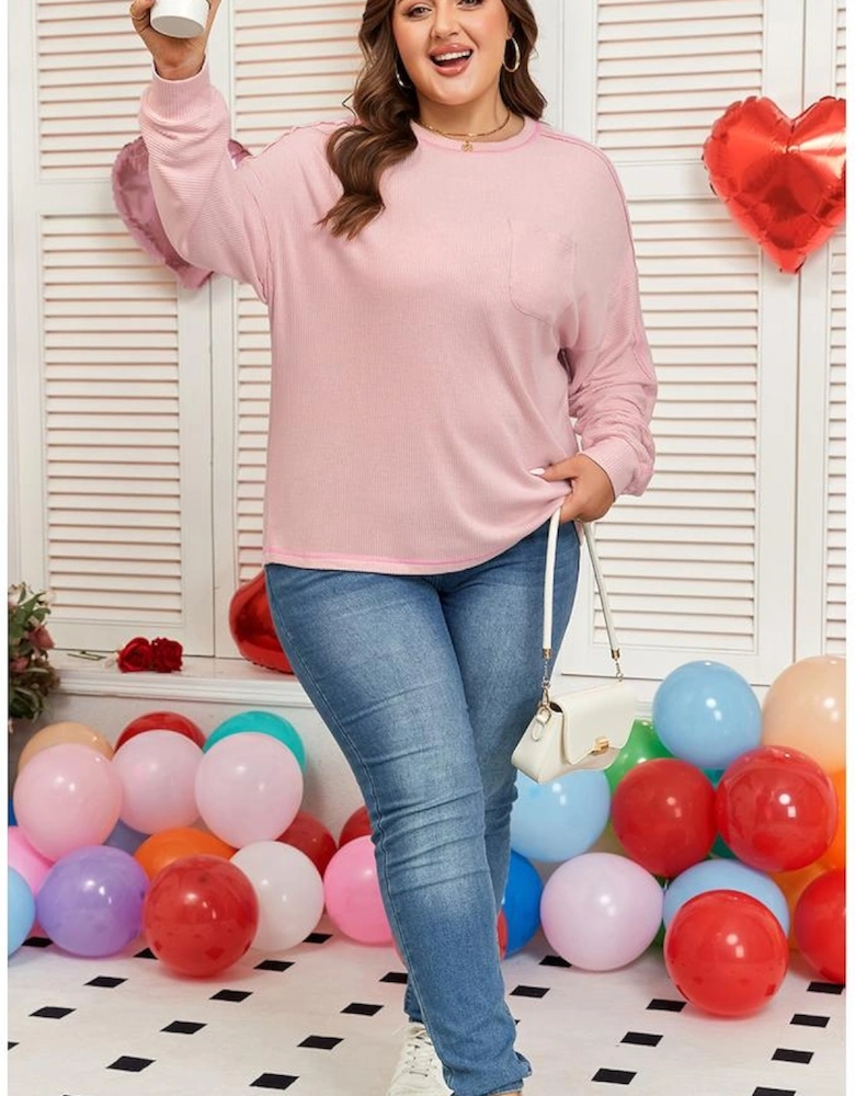 Bonbon Ribbed Exposed Seam Round Neck Chest Pocket Plus Knit Top