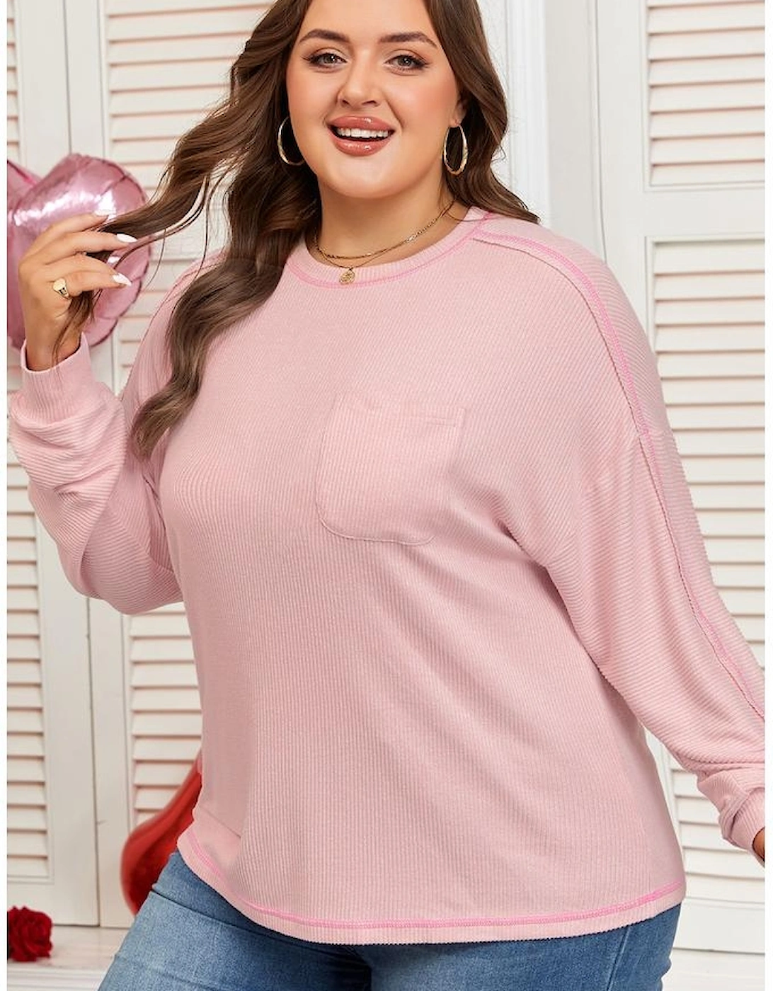 Bonbon Ribbed Exposed Seam Round Neck Chest Pocket Plus Knit Top