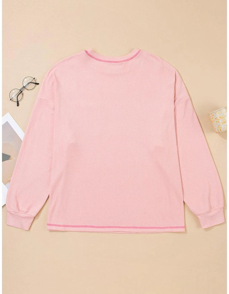 Bonbon Ribbed Exposed Seam Round Neck Chest Pocket Plus Knit Top