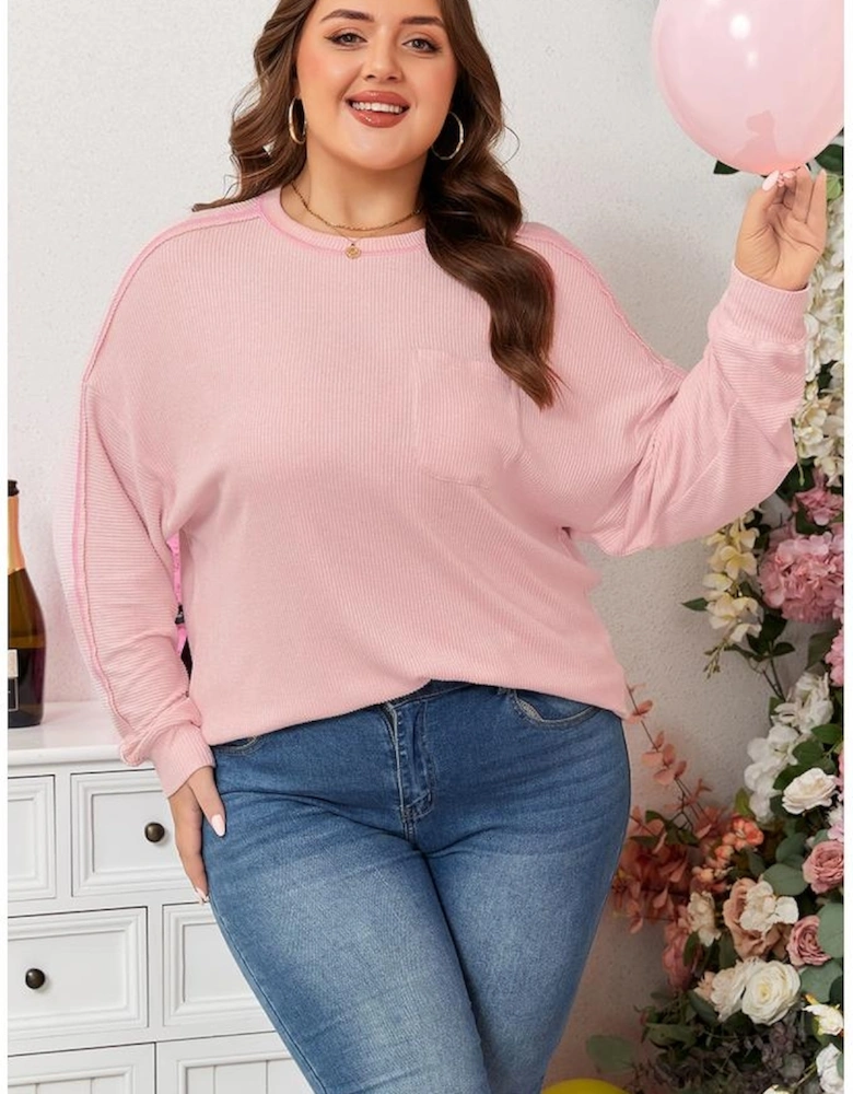 Bonbon Ribbed Exposed Seam Round Neck Chest Pocket Plus Knit Top