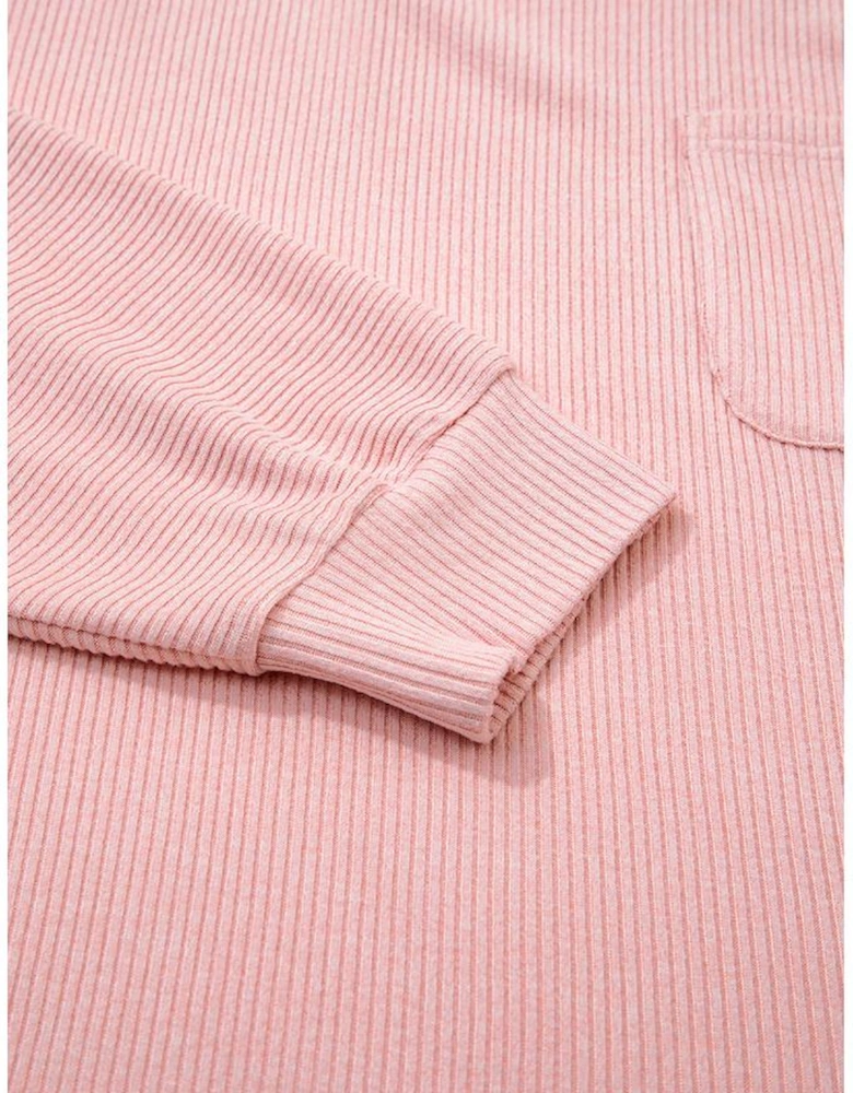 Bonbon Ribbed Exposed Seam Round Neck Chest Pocket Plus Knit Top