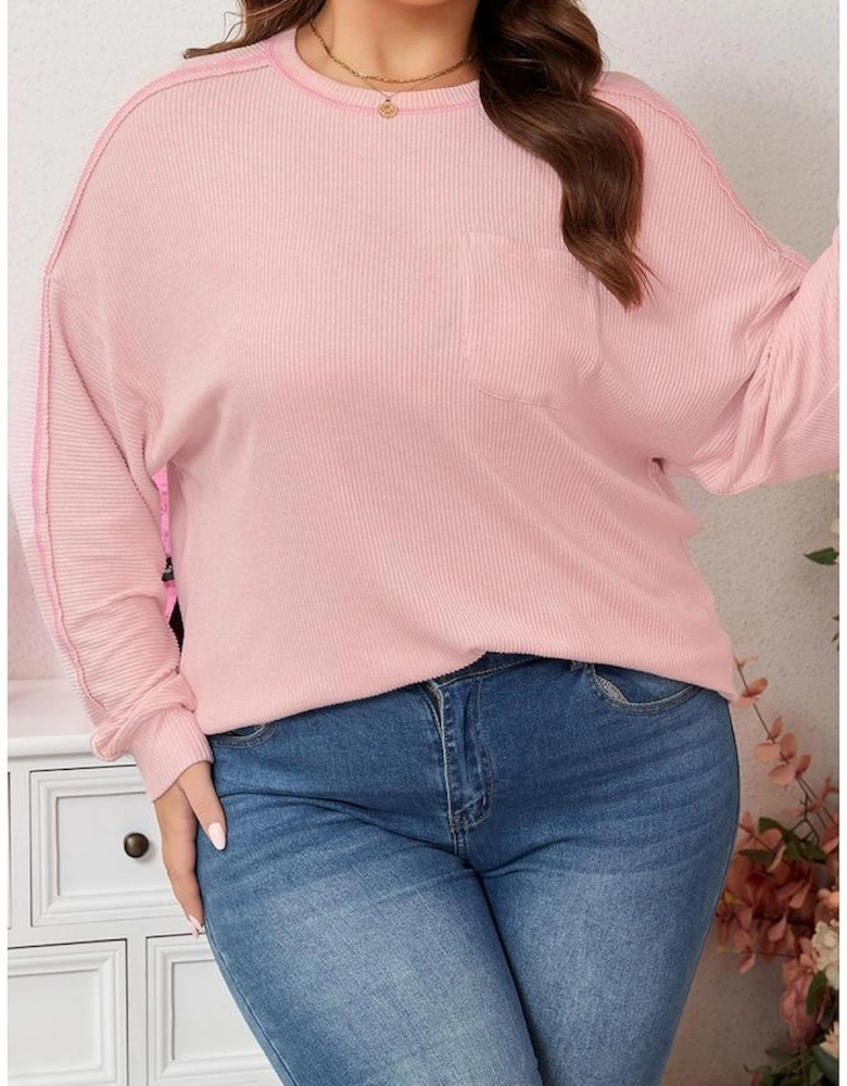 Bonbon Ribbed Exposed Seam Round Neck Chest Pocket Plus Knit Top