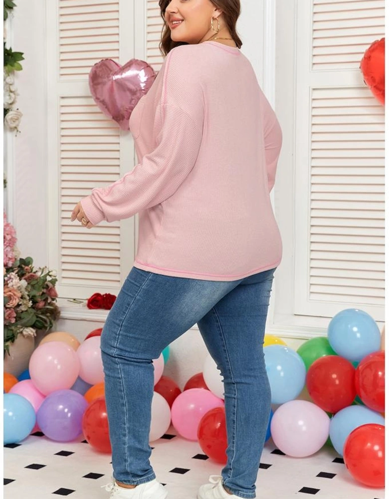 Bonbon Ribbed Exposed Seam Round Neck Chest Pocket Plus Knit Top