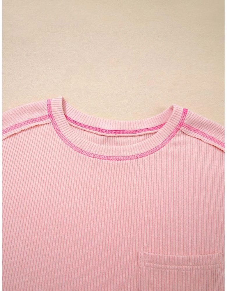 Bonbon Ribbed Exposed Seam Round Neck Chest Pocket Plus Knit Top