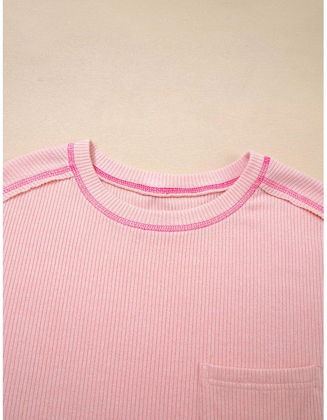Bonbon Ribbed Exposed Seam Round Neck Chest Pocket Plus Knit Top
