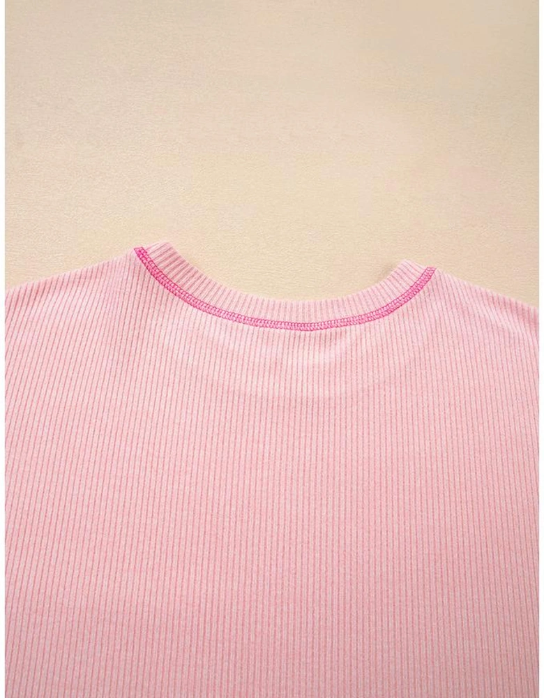 Bonbon Ribbed Exposed Seam Round Neck Chest Pocket Plus Knit Top