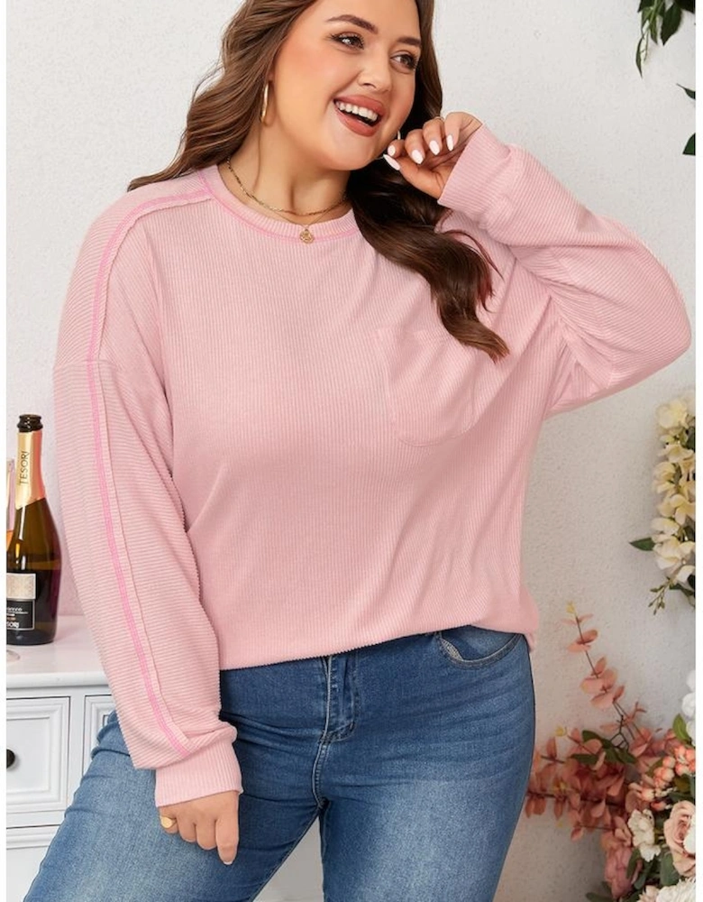 Bonbon Ribbed Exposed Seam Round Neck Chest Pocket Plus Knit Top