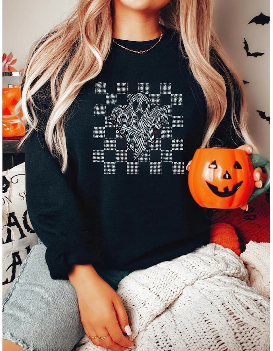 Black Rhinestone Checkered Halloween Ghost Drop Shoulder Sweatshirt