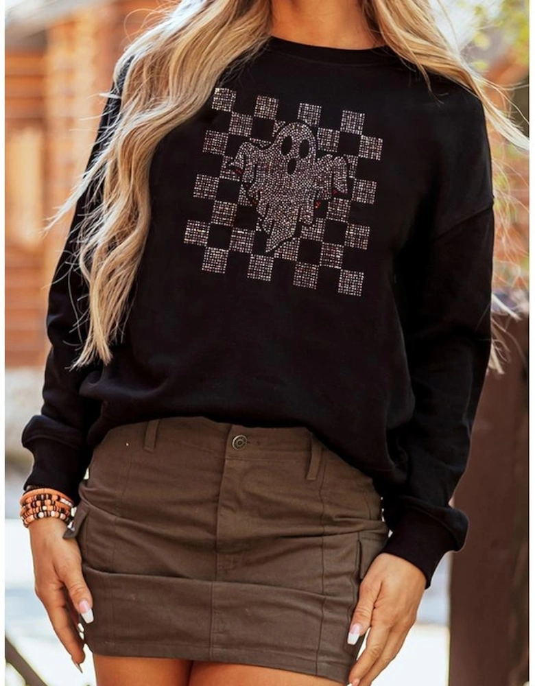 Black Rhinestone Checkered Halloween Ghost Drop Shoulder Sweatshirt