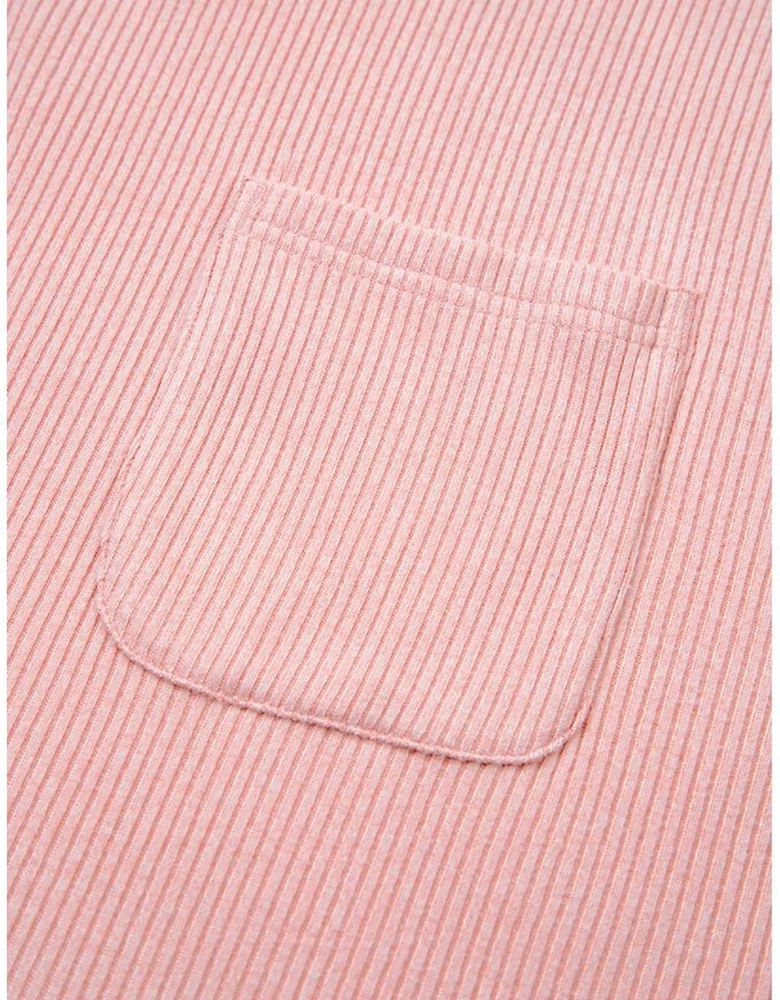 Bonbon Ribbed Exposed Seam Round Neck Chest Pocket Plus Knit Top