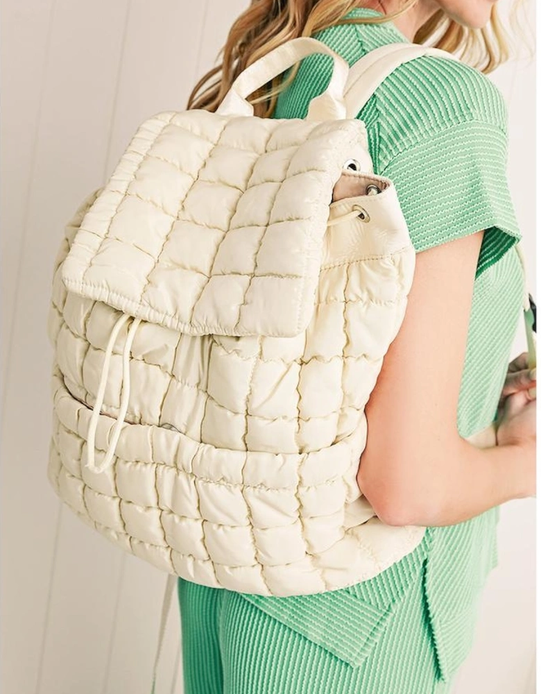 White Solid Flapped Quilted Puffer Backpack