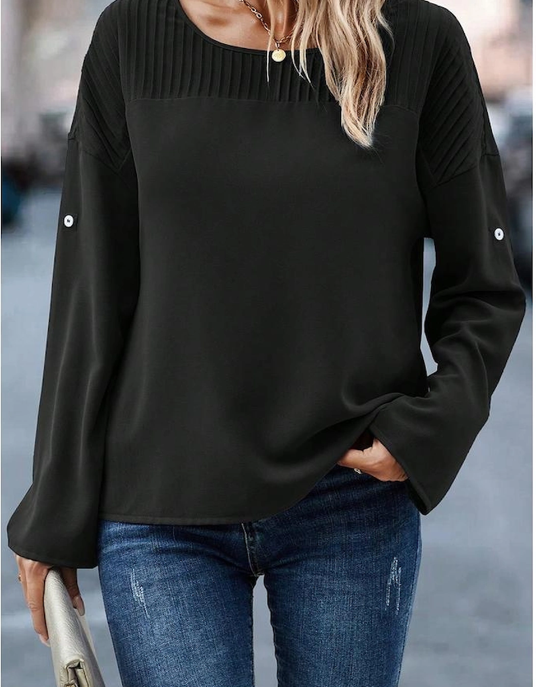 Azura Exchange Black Roll Up Sleeve Stitching Detail Blouse